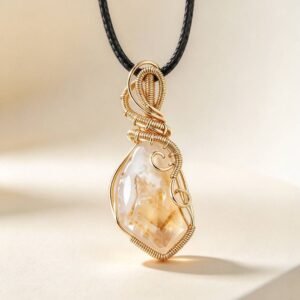 Natural Citrine Raw Stone Copper Wire Wrap Pendant, Handmade Unique Crystal Necklace